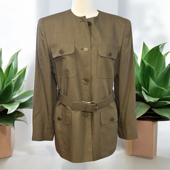 Jones New York Collarless Belted Blazer Jacket Army Green Military size 12 - Picture 1 of 16